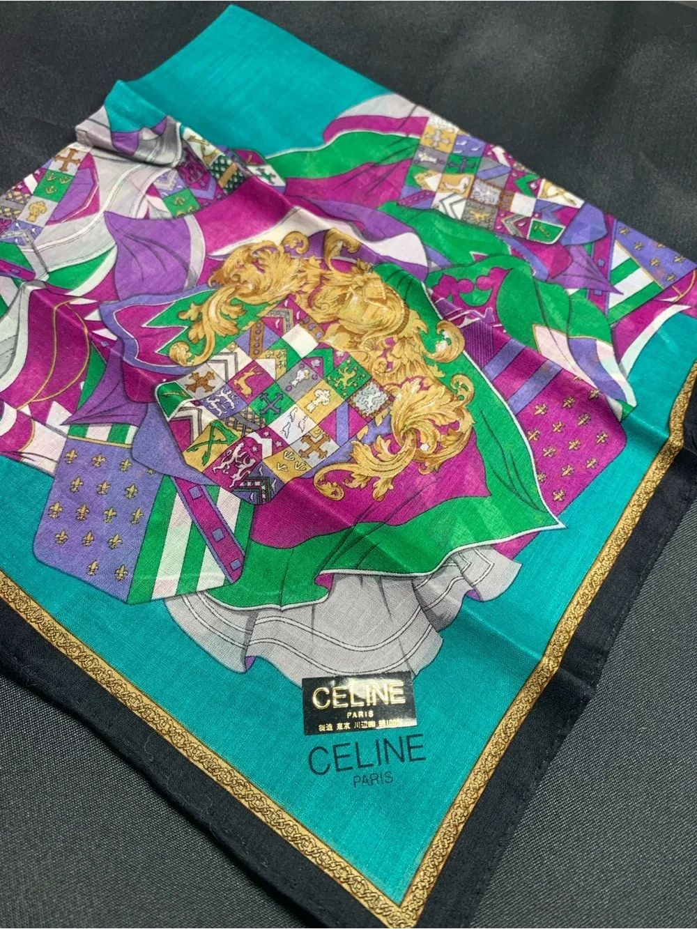 Celine Teal, Purple & Green Silk Scarf with Heraldic Crest